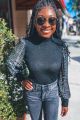 Sequin Sleeve Knit Top Black