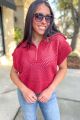 Half Zip Crochet Sweater Top Red