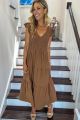 V-Neck Smocked Maxi Dress Brown