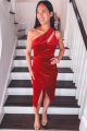 Velvet One Shoulder Dress Red