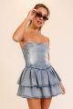 Strapless Ruffle Detailed Denim Dress